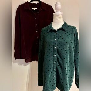 LOFT Women’s XL Corduroy Shirt Lot – Maroon Solid & Green Polka Dot Button Down